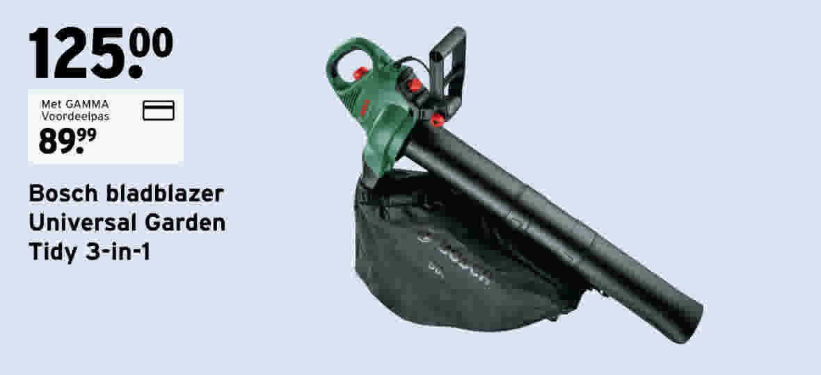 Bosch bladblazer Universal Garden Tidy 3-in-1 met groene motor, zwarte buis en opvangzak op lichtgrijze achtergrond.