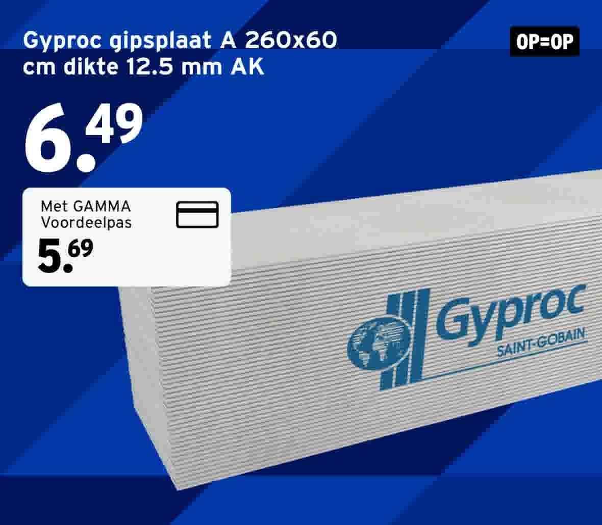 Gyproc gipsplaten op blauwe achtergrond met prijsaanduiding van 6,49 euro, GAMMA voordeelpas prijs 5,69 euro.