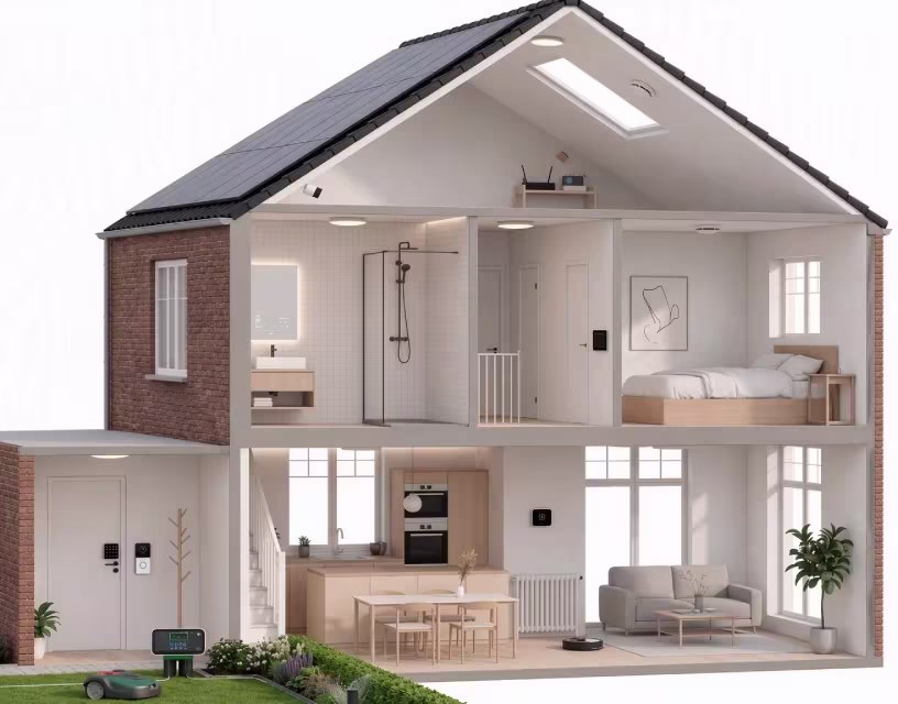 Doorsnede van een modern huis met zichtbare kamers op twee verdiepingen, inclusief slaapkamer, badkamer, keuken en woonkamer.