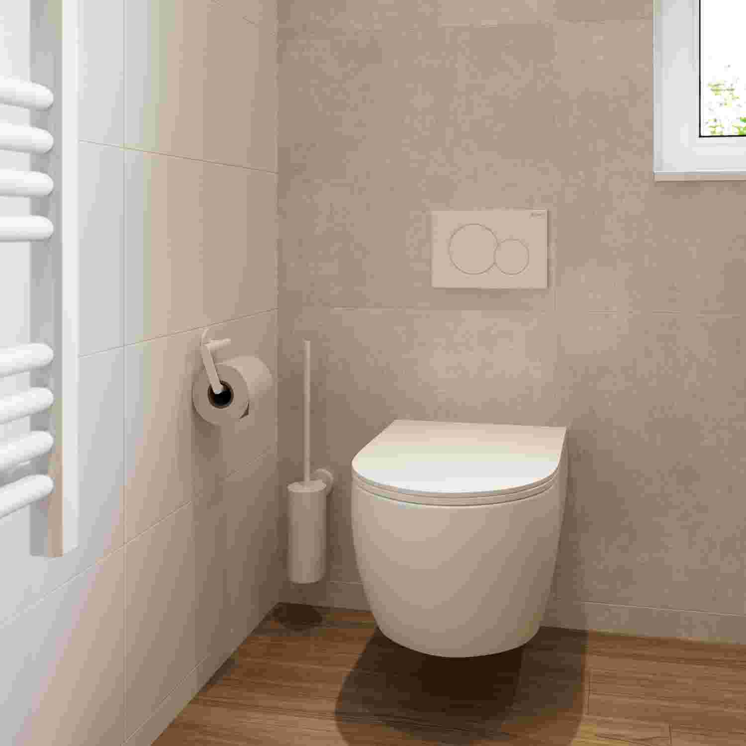 Een badkamer met wit hangend toilet, beige tegels, witte spoelknop, toiletrolhouder en toiletborstel op houten vloer.