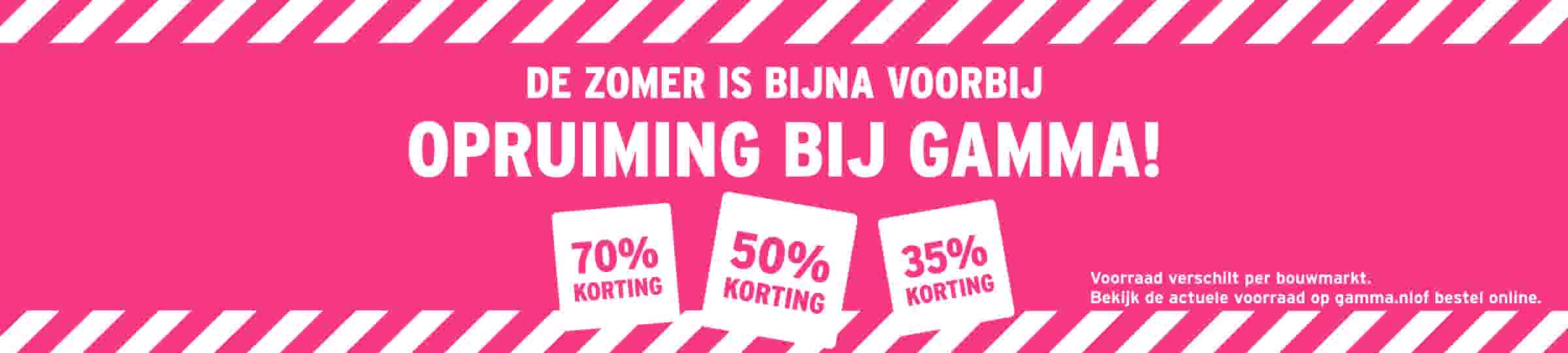 Roze GAMMA-banner met aankondiging van de zomeropruiming, met kortingen tot 70%.
