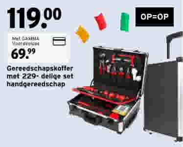 Zwarte gereedschapskoffer open met 229-delige set rood-zwart handgereedschap, geprijsd op €119,00 of €69,99 met GAMMA Voordeelpas.