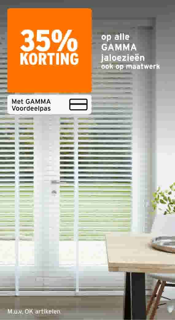 35% korting op alle GAMMA jaloezieën, ook op maatwerk, met de GAMMA Voordeelpas, m.u.v. OK artikelen. Witte jaloezieën voor een openslaande tuindeur.