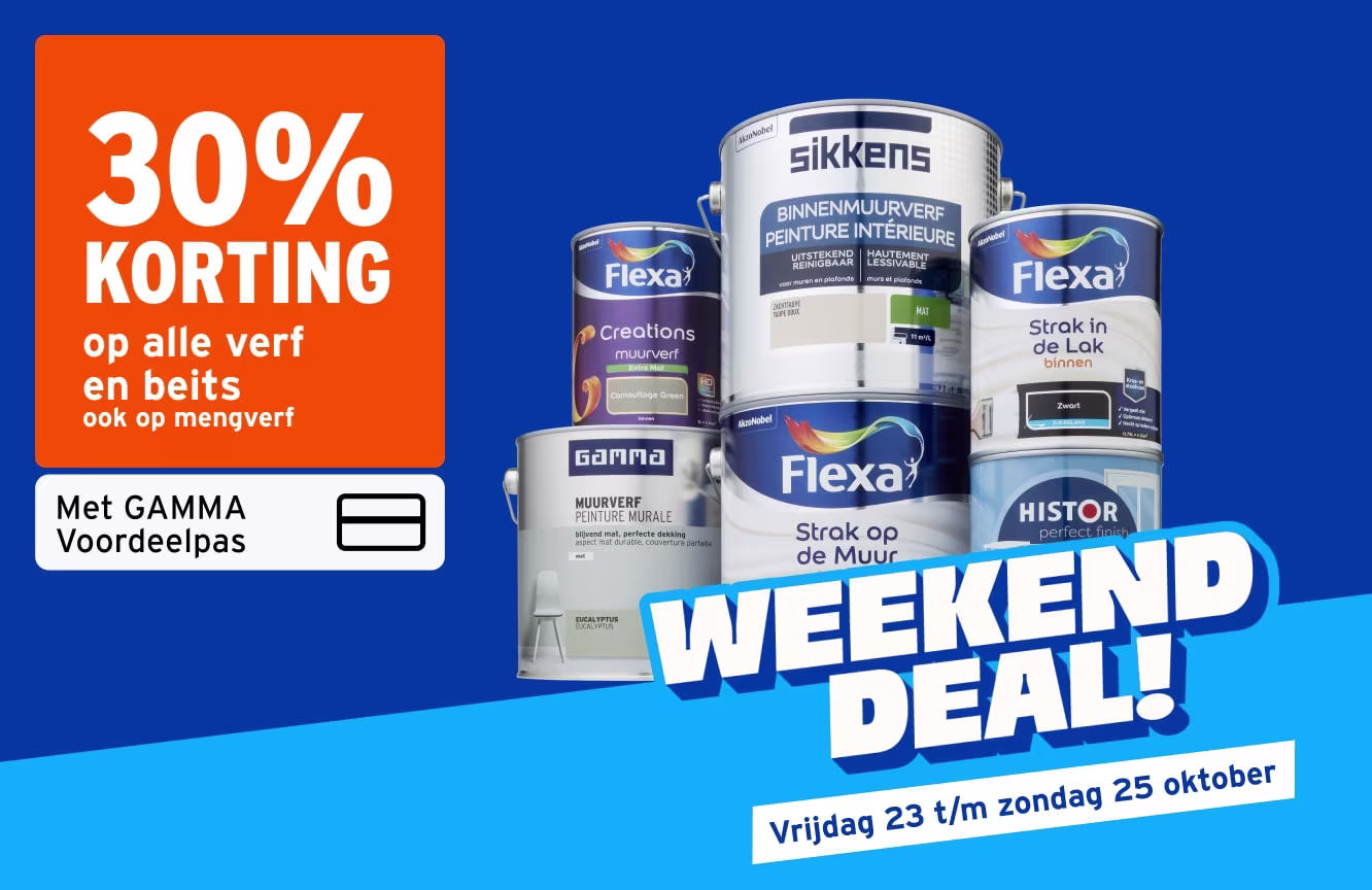 Verfblikken van merken Flexa, Sikkens, Gamma en Histor met 30% korting aanbieding op blauwe achtergrond.