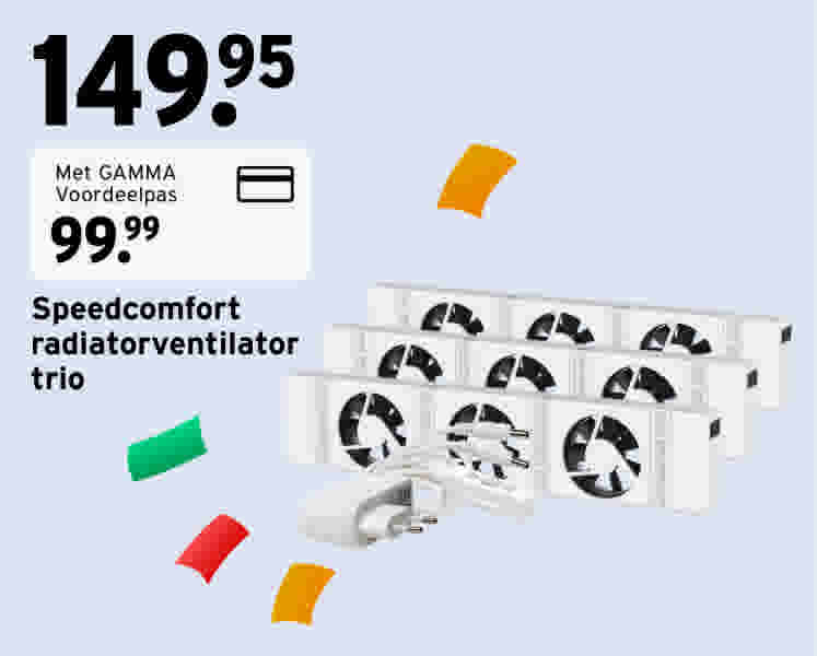 Speedcomfort radiatorventilator trio in wit met zwarte ventilatoren, prijs 149,95 euro, met GAMMA Voordeelpas 99,99 euro.