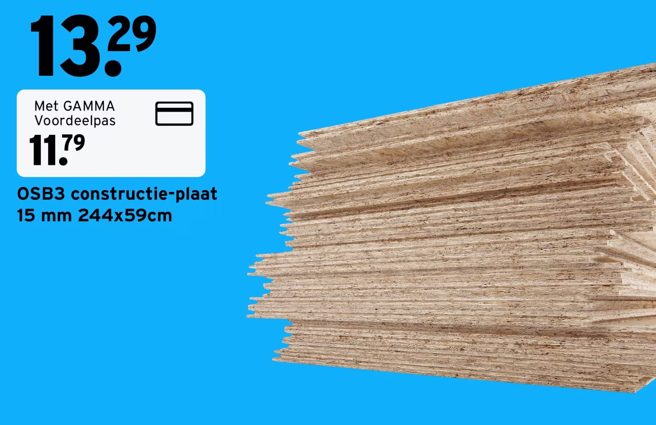 OSB3 constructie-plaat 15 mm 244x59cm, met GAMMA Voordeelpas van €13,29 voor €11,79. Een stapel houten platen.