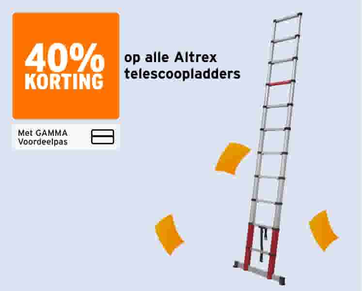 Altrex telescoopladder met 40% korting bij GAMMA. Grijze ladder met rode voet, omringd door oranje decoratieve elementen.