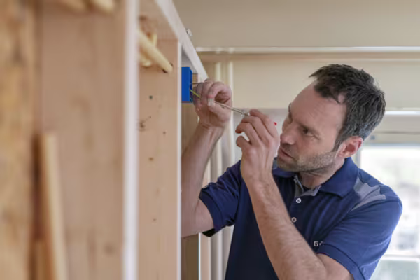 Man in blauw shirt van de GAMMA Klusservice installeert zorgvuldig elektrische bedrading in een houten wandframe tijdens renovatiewerkzaamheden