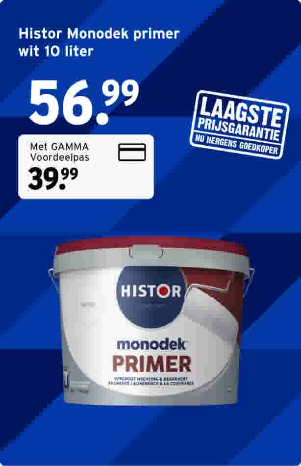 Histor Monodek primer wit 10 liter emmer op blauwe achtergrond met prijsaanduiding 56,99 euro en laagste prijsgarantie stempel.
