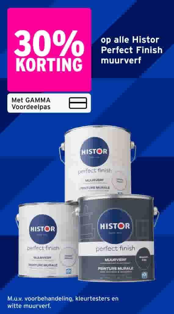 30% korting op Histor Perfect Finish muurverf met GAMMA Voordeelpas, drie verfblikken op blauwe achtergrond