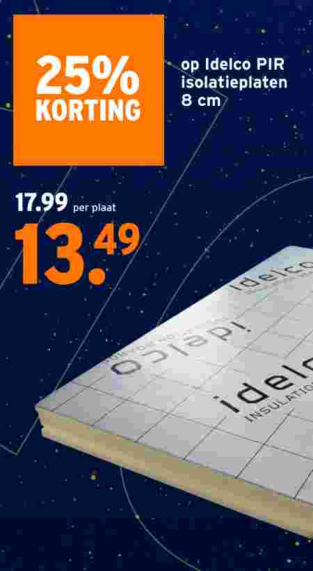 25% korting op Idelco PIR isolatieplaten 8 cm van 17.99 voor 13.49 per plaat