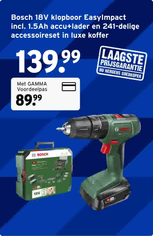Bosch 18V groene klopboormachine met accu en accessoireset in koffer op blauwe achtergrond met prijsinformatie 139,99 euro.