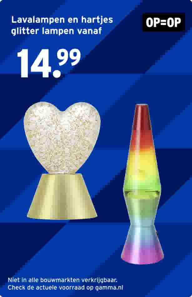 Lavalampen en hartvormige glitterlampen op blauwe achtergrond, aanbieding voor 14,99 euro, OP=OP actie.