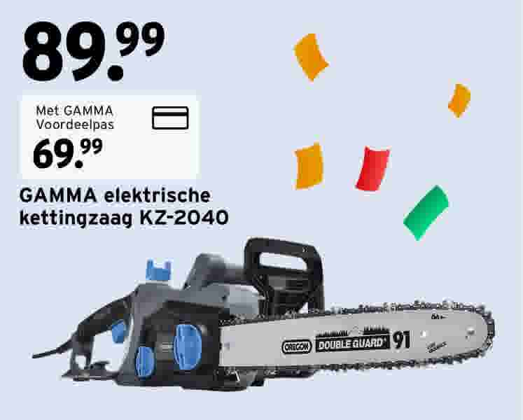 GAMMA elektrische kettingzaag KZ-2040 met zwart-grijs design, blauwe accenten en Oregon zaagblad op lichtblauwe achtergrond met kleurrijke confetti voor 89,99 euro van 69,99 euro