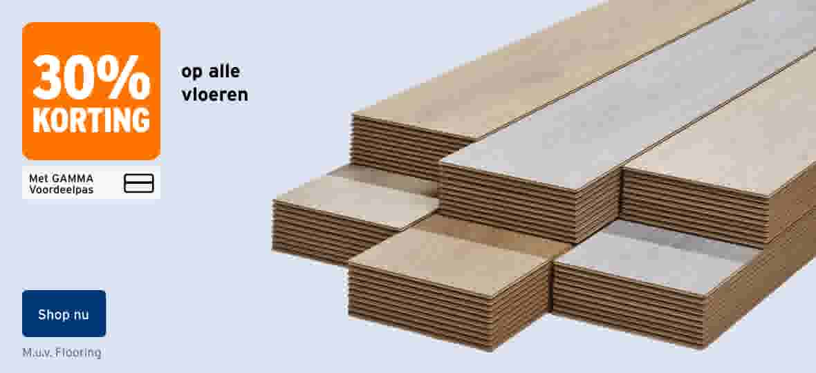 30% korting op alle vloeren met GAMMA Voordeelpas. Knop: Shop nu. M.u.v. Flooring.