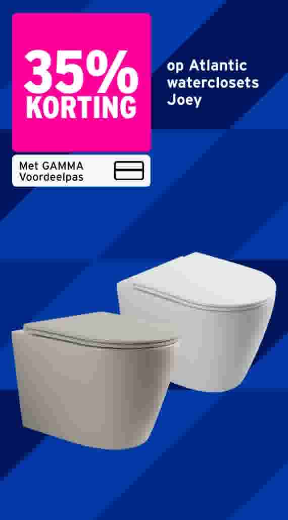 35% korting op Atlantic waterclosets Joey met GAMMA Voordeelpas, twee witte toiletpotten op blauwe achtergrond
