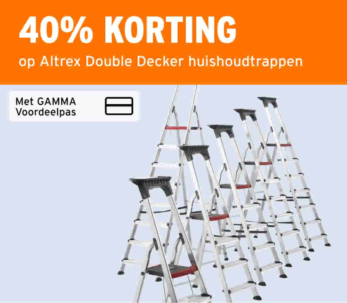40% korting op Altrex Double Decker huishoudtrappen met GAMMA Voordeelpas, met meerdere aluminium huishoudtrappen afgebeeld.