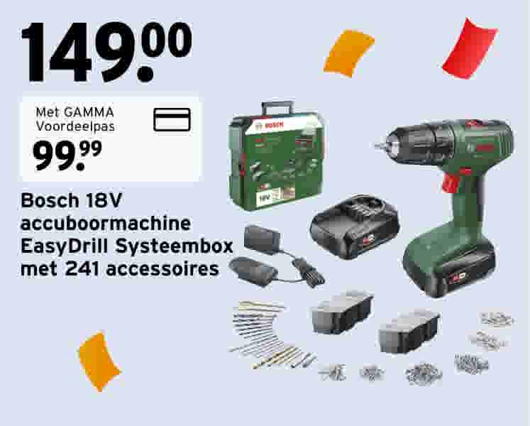 Bosch 18V accuboormachine EasyDrill Systeembox met 241 accessoires, twee accu's, oplader en opbergkoffer van €149 voor €99,99, met de GAMMA voordeelpas.