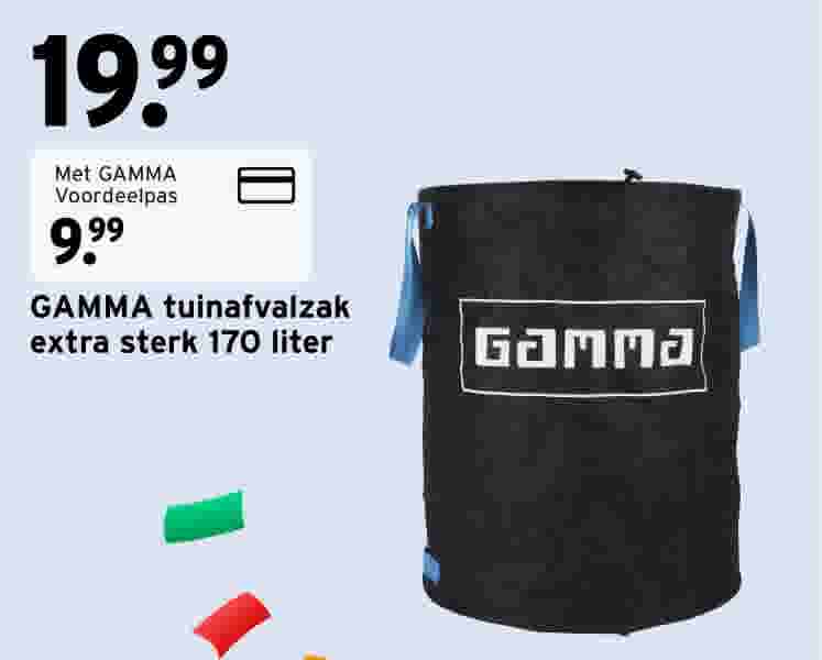 Zwarte GAMMA tuinafvalzak van 170 liter met wit logo en blauwe handvatten, prijs van 19,99 euro voor 9,99 met voordeelpas.