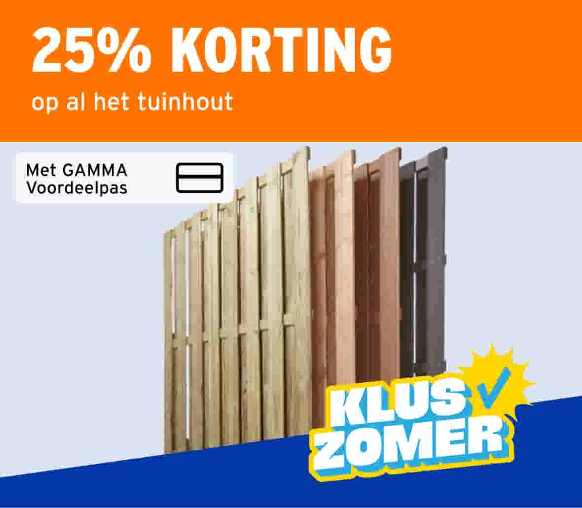 Tuinhout schuttingpanelen in drie kleuren: groen, bruin en antraciet. 25% korting met GAMMA Voordeelpas. Kluszomer actie.