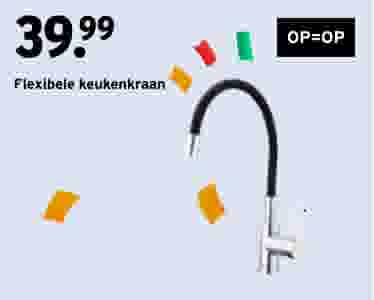Flexibele keukenkraan met zwarte bocht en zilverkleurige basis voor €39,99. Kleurrijke accenten op lichtblauwe achtergrond.