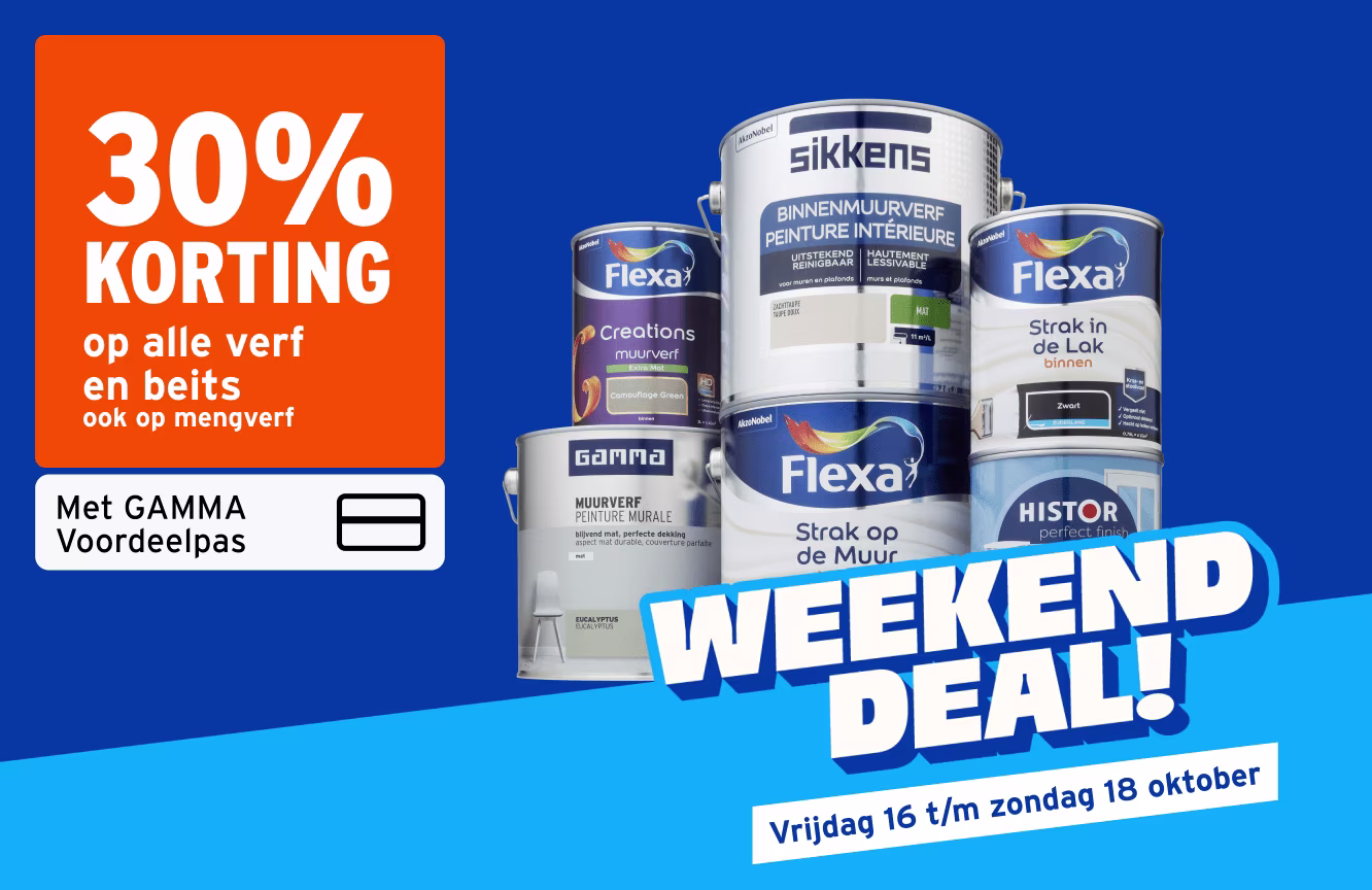 Weekenddeal met 30% korting op verf en beits van merken Flexa, Sikkens, Gamma en Histor op blauwe achtergrond.