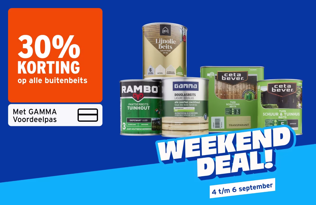 Banner "30% korting op alle buitenbeits met GAMMA Voordeelpas", blikken beits van Rambo, Gamma, Cetabever en Acq, "Weekend Deal! 4 t/m 6 september
