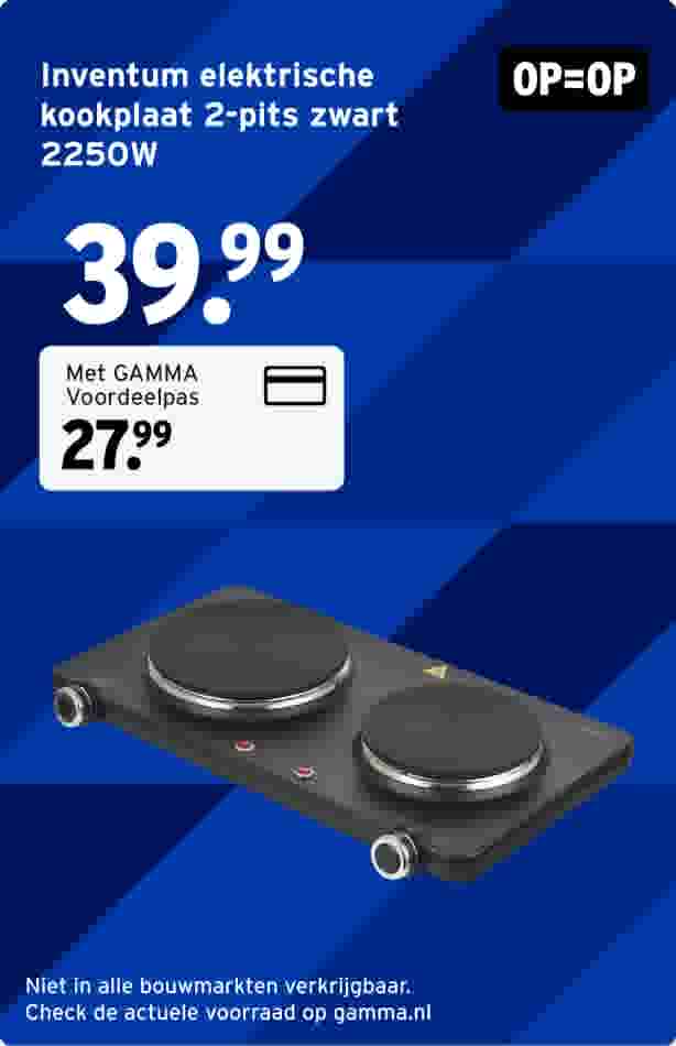 Inventum elektrische kookplaat met twee zwarte kookzones op blauwe achtergrond, prijs 39,99 euro, met GAMMA Voordeelpas 27,99 euro.
