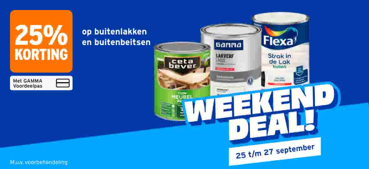 25% korting op buitenlakken en buitenbeitsen. Met GAMMA Voordeelpas. Weekend Deal! 25 t/m 27 september. M.u.v. voorbehandeling. Blikken buitenlak en buitenbeits van Ceta Bever, GAMMA en Flexa.