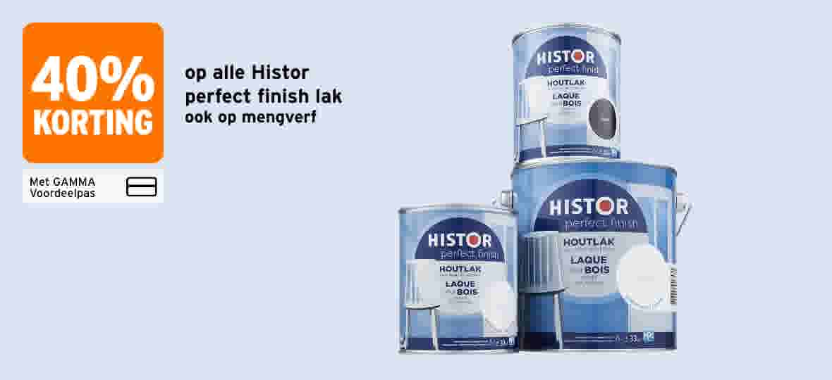 40% korting op alle Histor Perfect Finish lak, ook op mengverf. met GAMMA Voordeelpas.