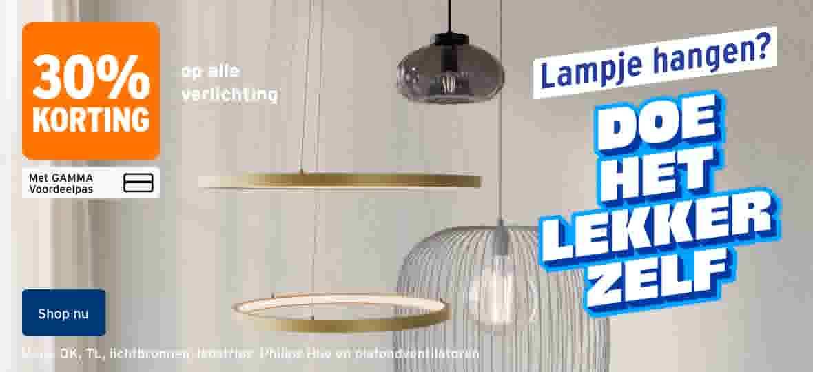 30% korting op alle verlichting met de GAMMA Voordeelpas. Shop nu. Lampje hangen? Doe het lekker zelf. Drie hanglampen met verschillende vormen.