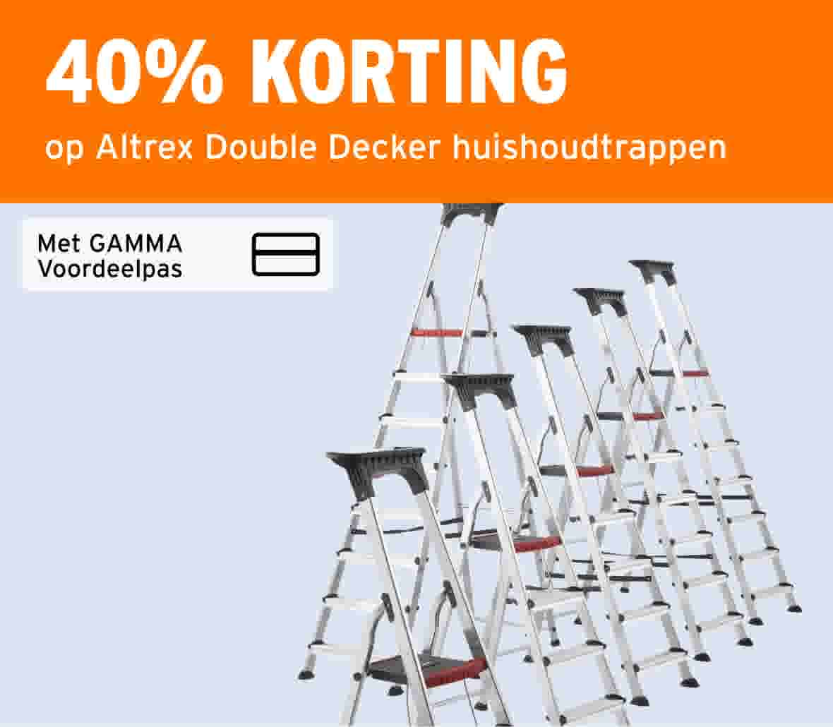 40% korting op Altrex Double Decker huishoudtrappen, met GAMMA voordeelpas. Zes aluminium trappenen.
