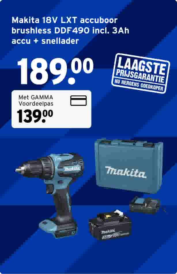 Makita 18V accuboormachine met accu, oplader en koffer op blauwe achtergrond met prijsinformatie en laagste prijsgarantie stempel.