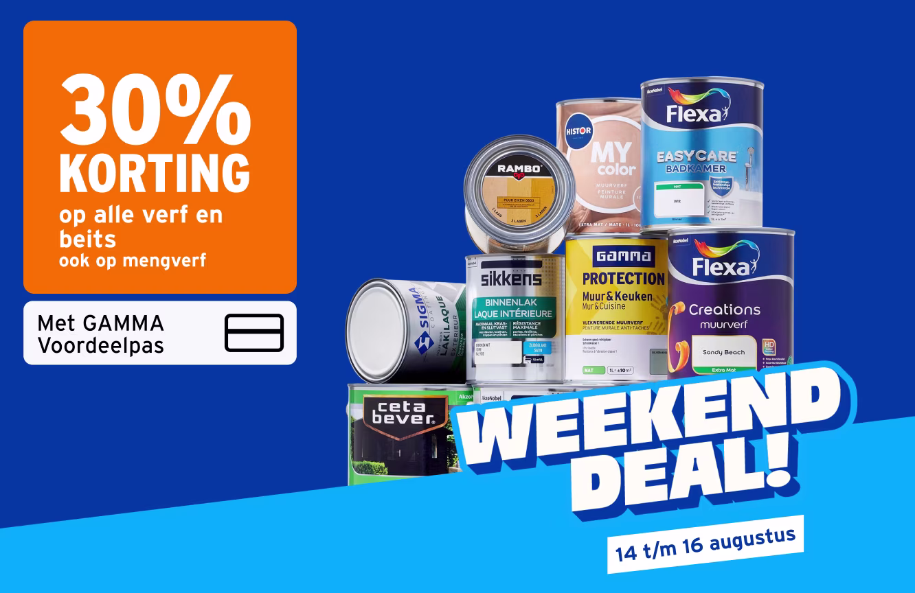 Weekend Deal: 30% korting op verfblikken van merken als Flexa, Sikkens en Gamma, geldig 14 t/m 16 augustus met GAMMA Voordeelpas.