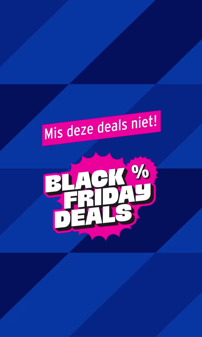 Black Friday Deals promotie met roze en witte tekst op blauwe diagonale achtergrond, met de tekst "Mis deze deals niet!"