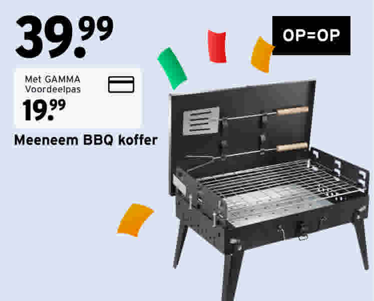 Zwarte opvouwbare BBQ koffer met grillrooster en spatel, geprijsd op €39,99 of €24,99 met GAMMA Voordeelpas.
