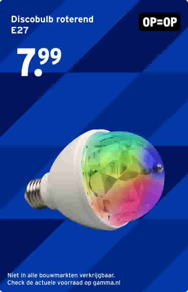 Roterende discobulb met E27 fitting en regenboogkleuren op blauwe achtergrond, prijs 7,99 euro, OP=OP aanbieding.