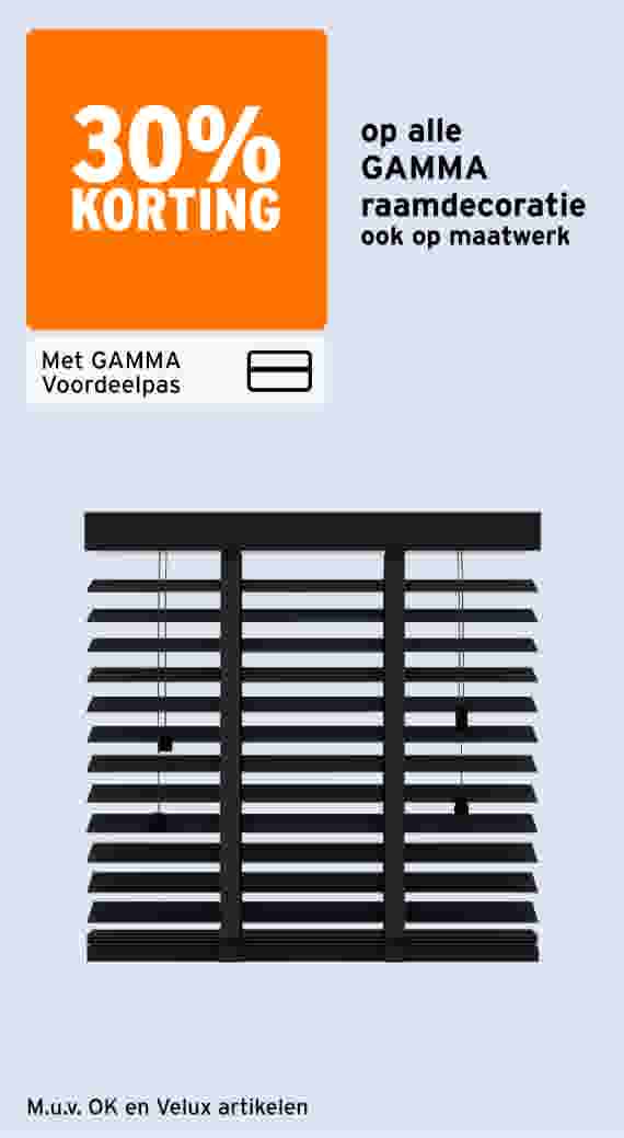 30% korting op alle GAMMA raamdecoratie, ook op maatwerk, met GAMMA Voordeelpas. Zwarte houten jaloezie met brede lamellen. M.u.v. OK en Velux artikelen.