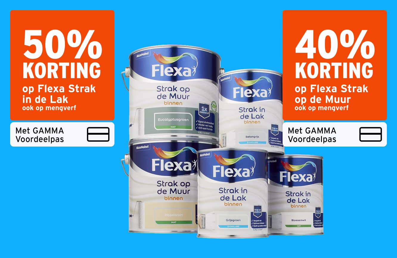 Flexa verfblikken met kortingsaanbieding: 50% korting op Strak in de Lak en 40% op Strak op de Muur, met GAMMA Voordeelpas.
