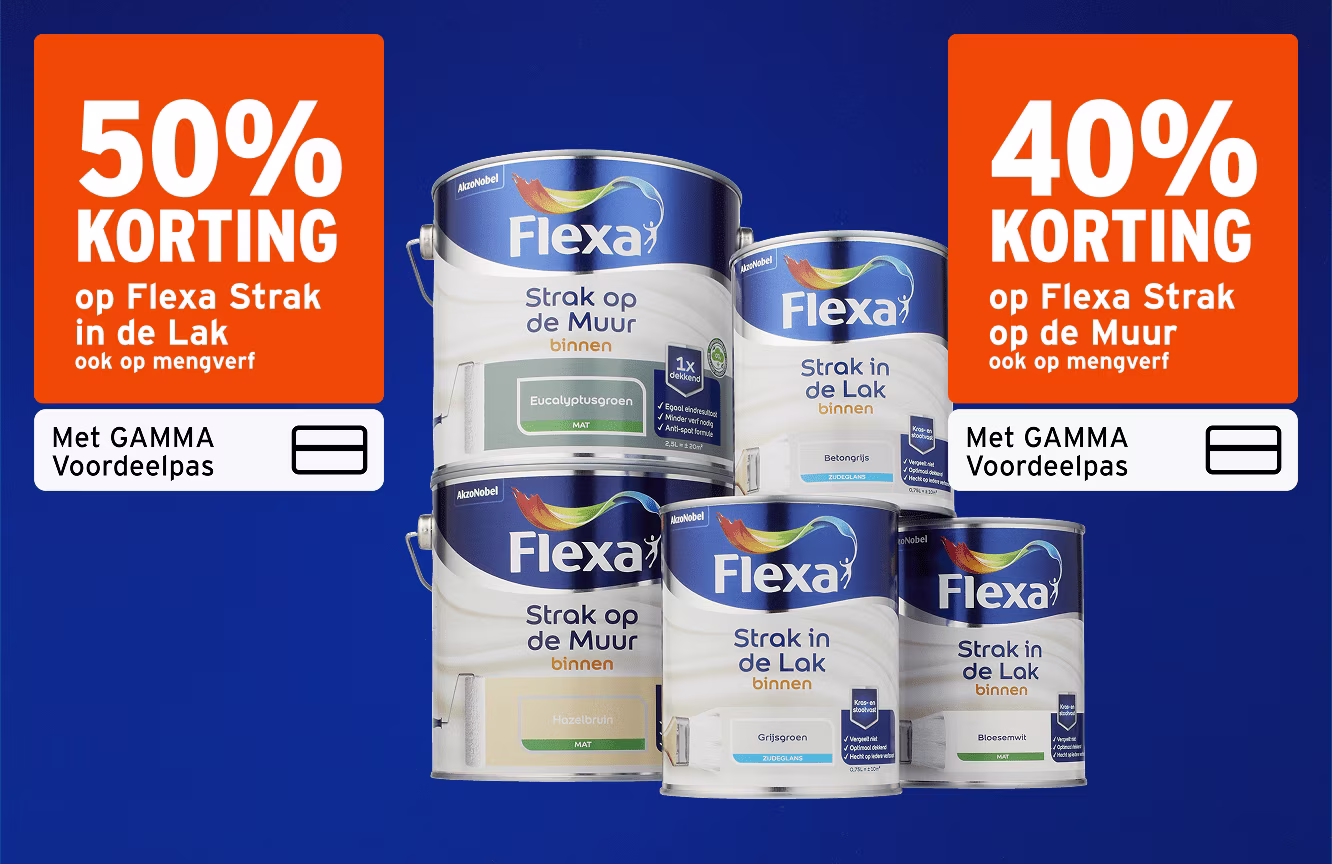 Flexa verfblikken met kortingsaanbieding: 50% korting op Strak in de Lak en 40% op Strak op de Muur, met GAMMA Voordeelpas.