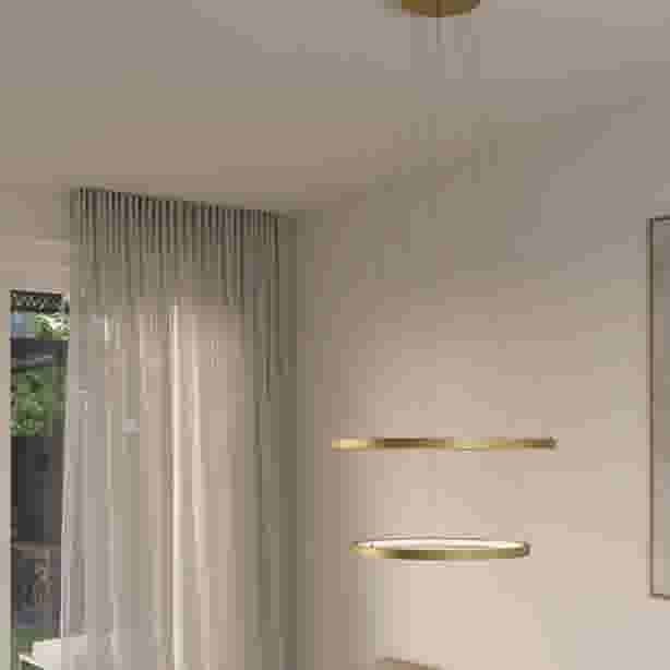 Ronde hanglamp met dubbele gouden ring en ledverlichting, hangend aan dunne kabels