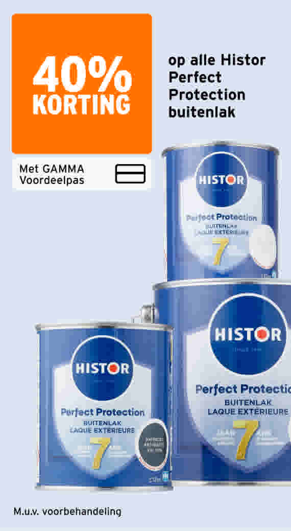 Drie blauwe blikken Histor Perfect Protection buitenlak met 40% korting via GAMMA Voordeelpas.