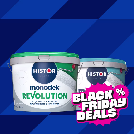 Twee emmers Histor monodek Revolution verf op blauwe achtergrond met Black Friday Deals sticker in roze en wit.