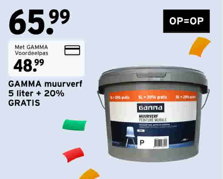 Aanbieding voor GAMMA muurverf, 5 liter met 20% extra inhoud, van €65,99 voor €48,99 met GAMMA Voordeelpas.