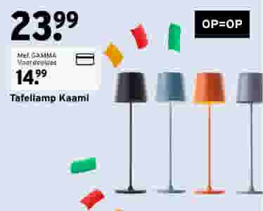 Vier Kaami tafellampen in blauw, grijs, oranje en donkergrijs met confetti. Prijs: €23,99, met pas €14,99.