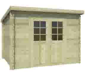 Houten tuinhuis met schuin, plat dak en ramen