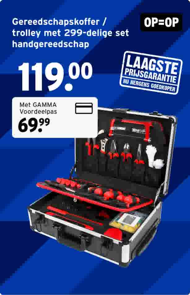 Gereedschapskoffer met 299-delige set handgereedschap, prijs 119 euro, met GAMMA voordeelpas 69,99 euro.