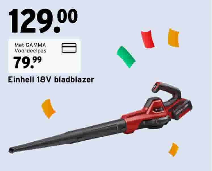 Einhell 18V bladblazer in rood en zwart op lichtgrijze achtergrond van 129 euro voor 79,99 euro, met de GAMMA voordeelpas.