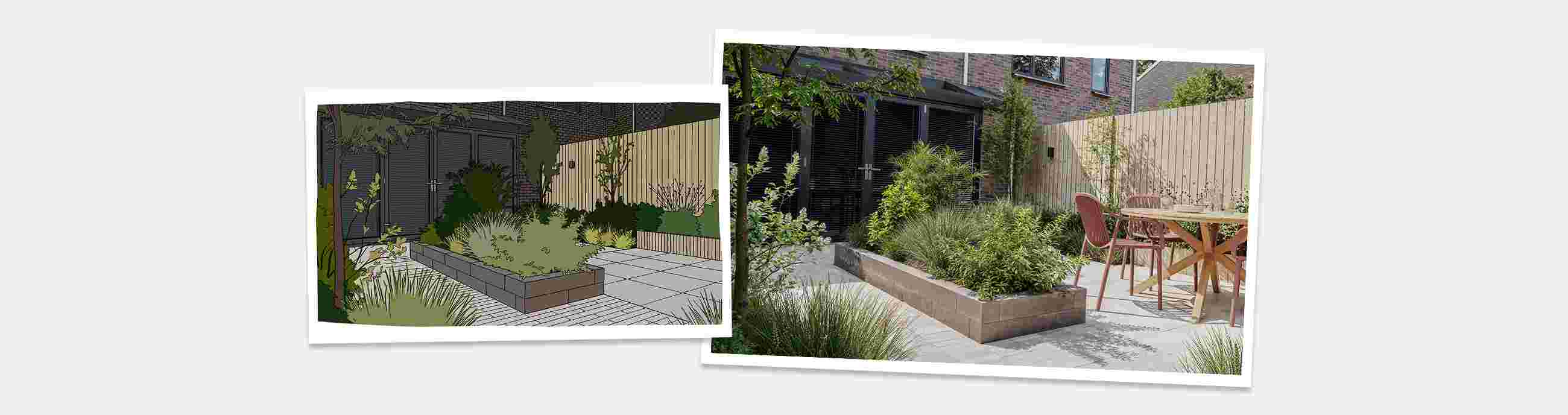 Vergelijking van tuinontwerp en werkelijkheid: links een schets met verhoogd plantvak, rechts de gerealiseerde tuin met terras.