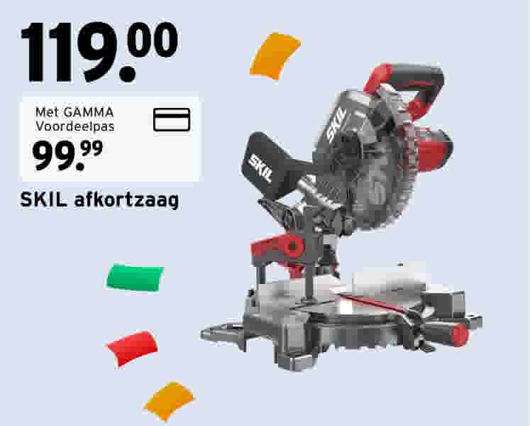 Aanbieding voor een SKIL afkortzaag, van €119,00 voor €99,99 met GAMMA Voordeelpas.